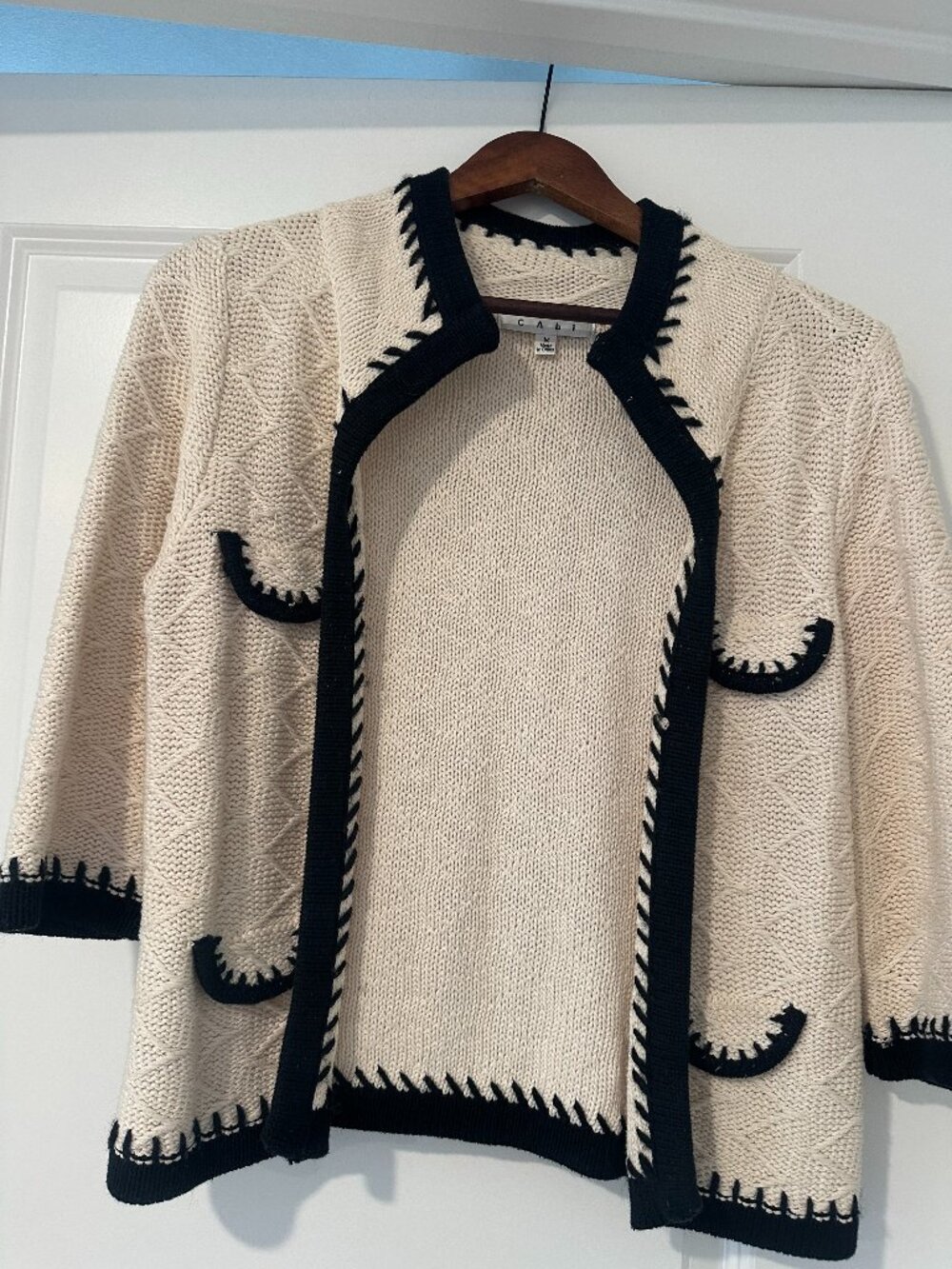 CAbi Cream and Black Cable Knit Cardigan Sweater Jacket Size M
